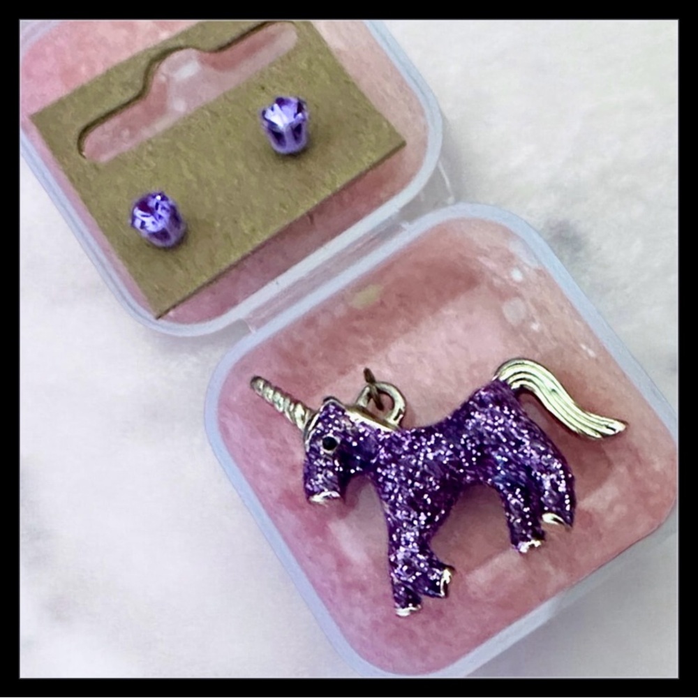 Unicorn horse purple & gold ‎necklace pendant charm with purple stud earrings